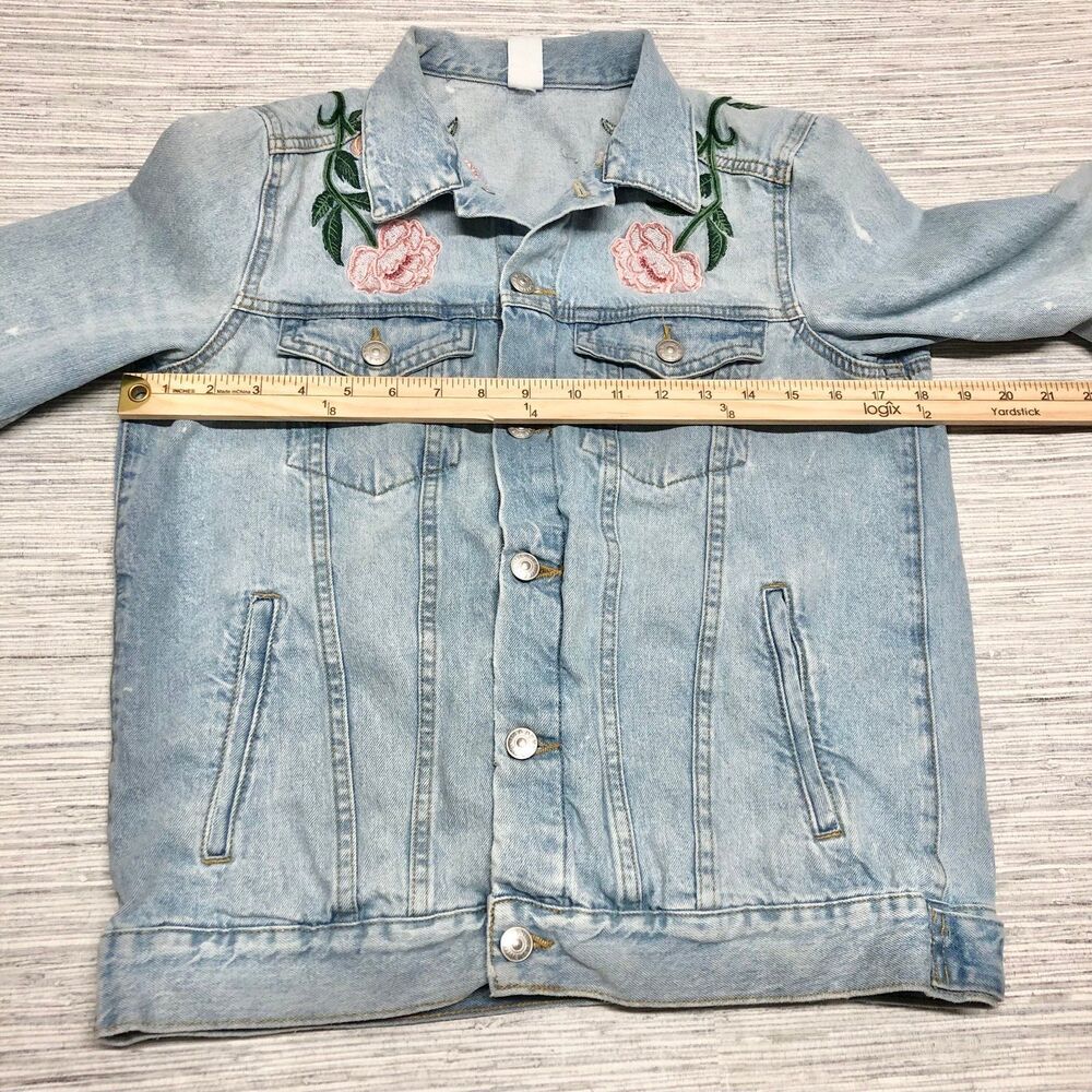 H& M La Belle Vie Jean denim Jacket distressed embroidered flower bees size 8 - Picture 7 of 12